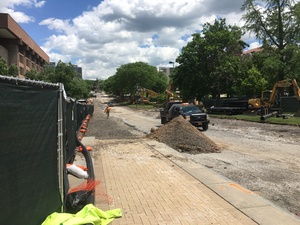 The road and walkways along University Place have been removed during the construction of the promenade.